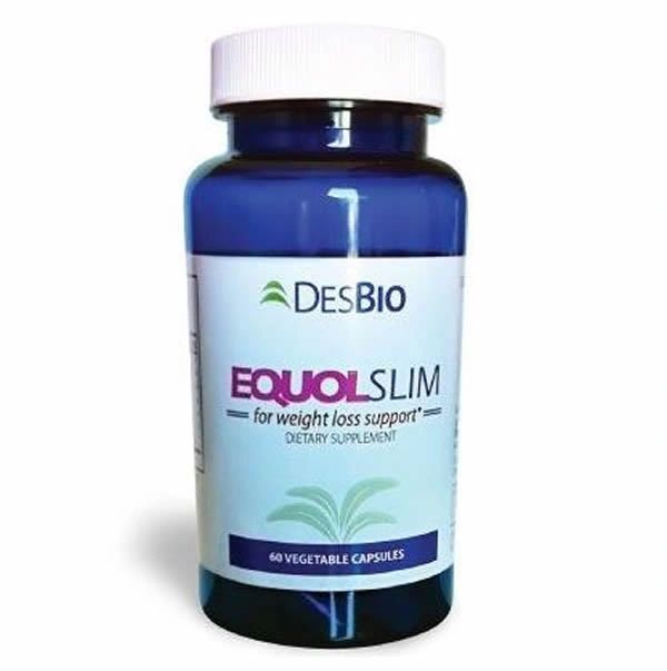 Blue bottle of Desbio Equislim dietary supplement with white cap and label.
