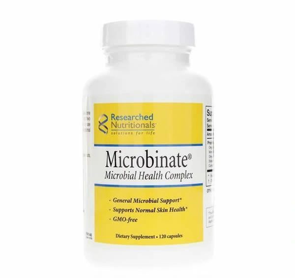 White bottle of Microbinate dietary supplement with a yellow label on a white background