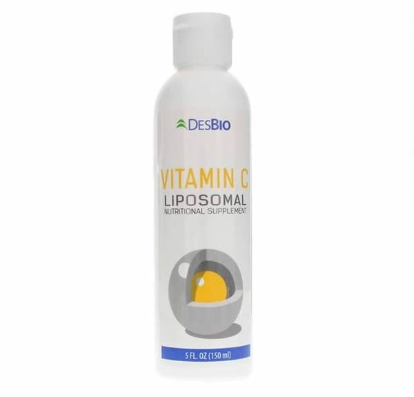 White bottle of DEsBio Vitamin C Liposomal nutritional supplement with gray and yellow label