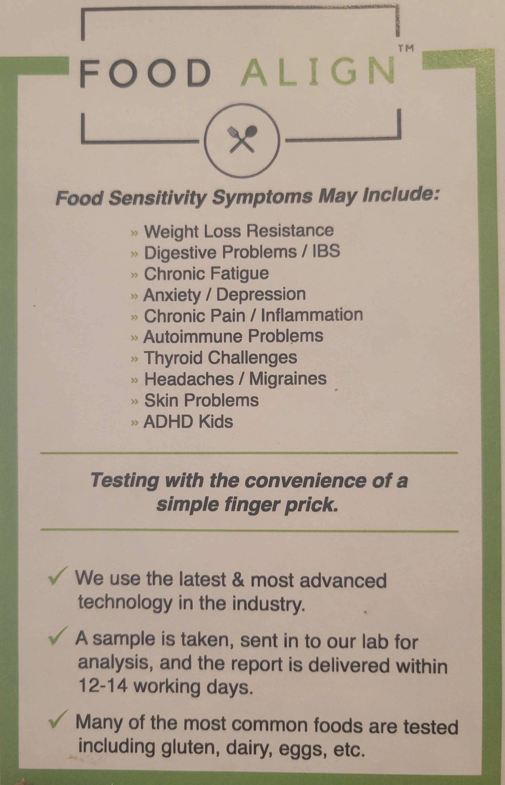 Food allergen poster listing common foods linked to symptoms and a simple finger-prick blood test.