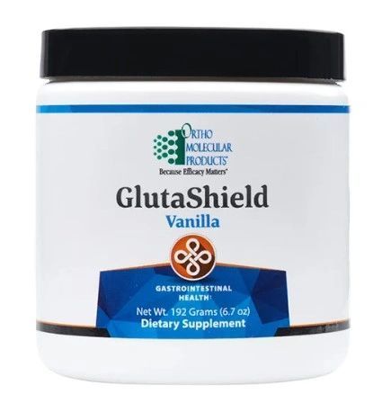GlutaShield Vanilla dietary supplement jar with black lid and blue label on white background