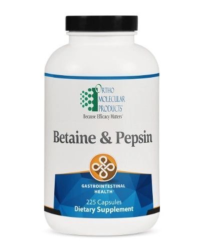 White bottle of Biotics Research Betaine & Pepsin dietary supplement with black cap and blue label.