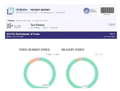 Patient report with toxic burden and healthy index donut charts on a white and purple dashboard