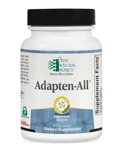 White supplement bottle labeled “Adapten-All” with black cap and blue-green design on a white background