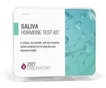 Saliva hormone test kit box, white and teal packaging with ZRT Laboratory logo