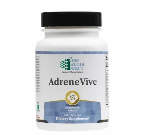 White supplement bottle labeled “AdreneVive” with black cap on a plain background
