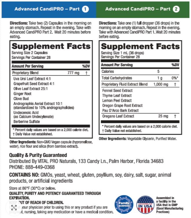 White supplement box for Vital Pro Naturals Advanced CandiPRO, teal and blue label, 14-day treatment cleanse.