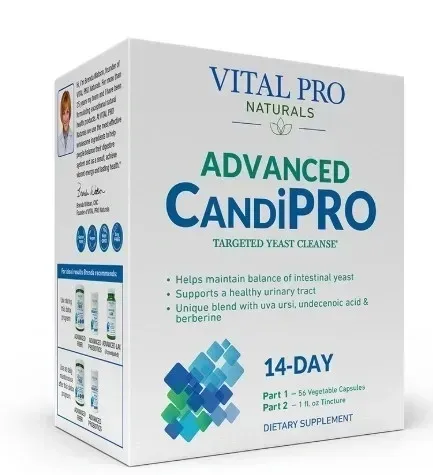 White supplement box for Vital Pro Naturals Advanced CandiPRO, teal and blue label, 14-day treatment cleanse.