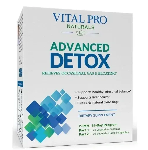 Vital Pro Naturals Advanced Detox supplement box, white with blue text and geometric blue squares