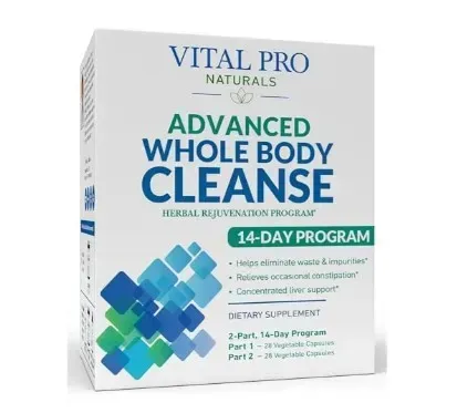 Vital Pro Naturals Advanced Whole Body Cleanse supplement box, white with blue-green geometric design