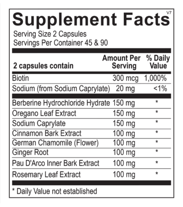 Candidid Forte dietary supplement bottle with white label, black cap, and blue accents