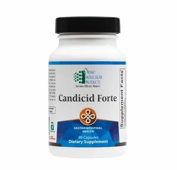 Candidid Forte dietary supplement bottle with white label, black cap, and blue accents