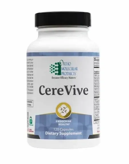 CereVive dietary supplement bottle with black cap and blue label on white background