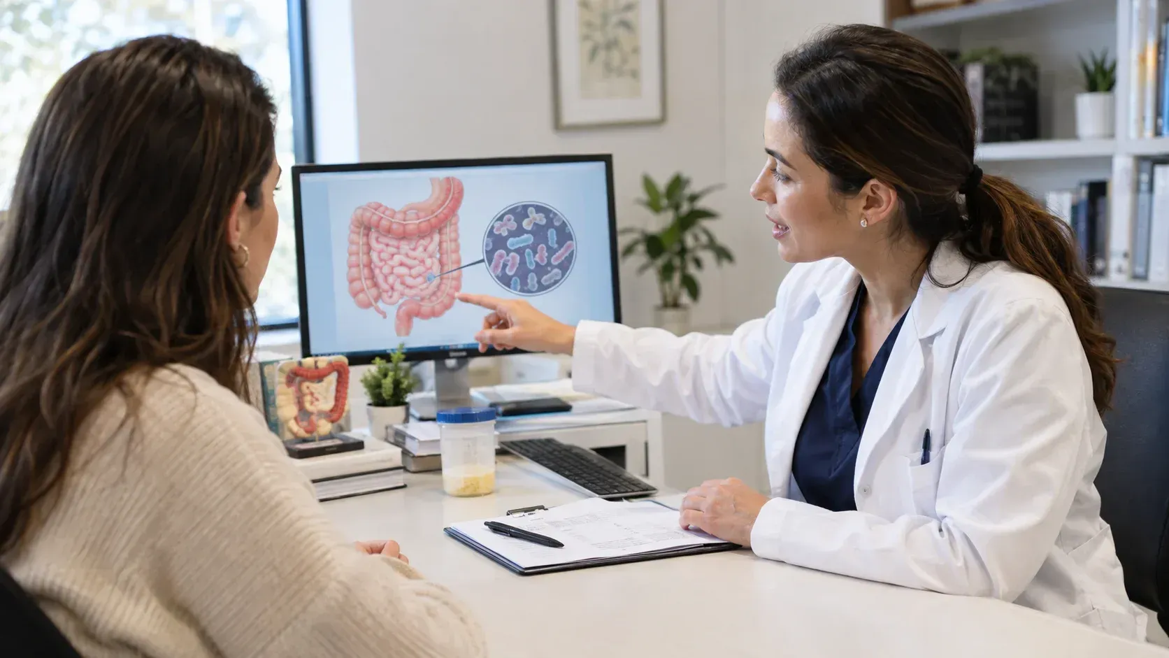 Doctor using a digestive diagram to explain candida overgrowth to a patient.