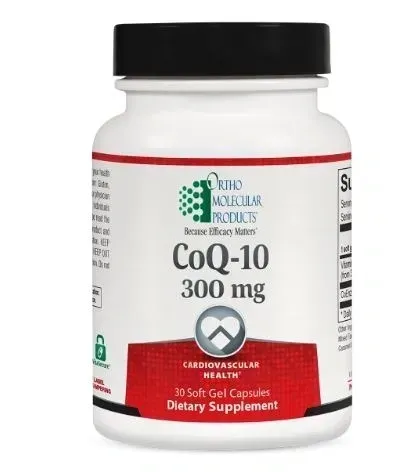 White supplement bottle with black cap labeled CoQ-10 300 mg, 60 softgels, dietary supplement