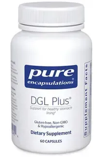 Pure Encapsulations DGL Plus dietary supplement bottle, white with blue label, 60 capsules