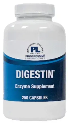 White bottle of Progressive Labs Digestin enzyme supplement, 250 capsules, with blue label