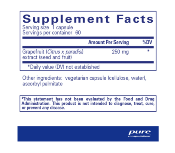 White bottle of Pure Encapsulations Grapefruit Seed Extract supplement on a plain background