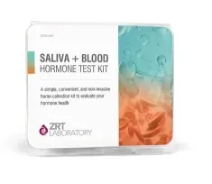 Saliva and blood hormone test kit box with teal and orange design