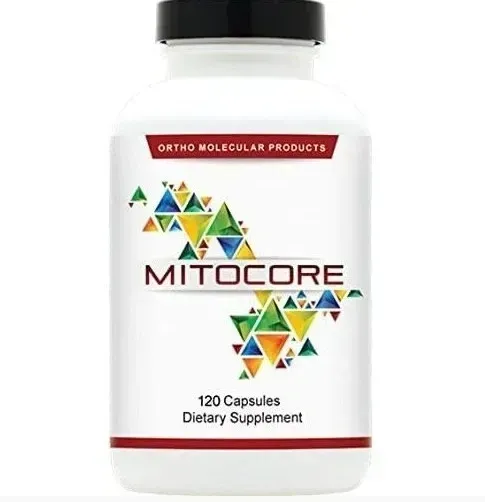 MitoCore dietary supplement bottle with colorful triangle design and 120 capsules label