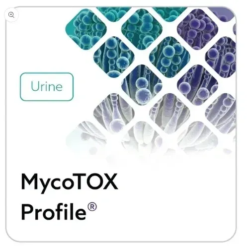 MycoTOX Profile urine test card with blue and purple hexagon pattern