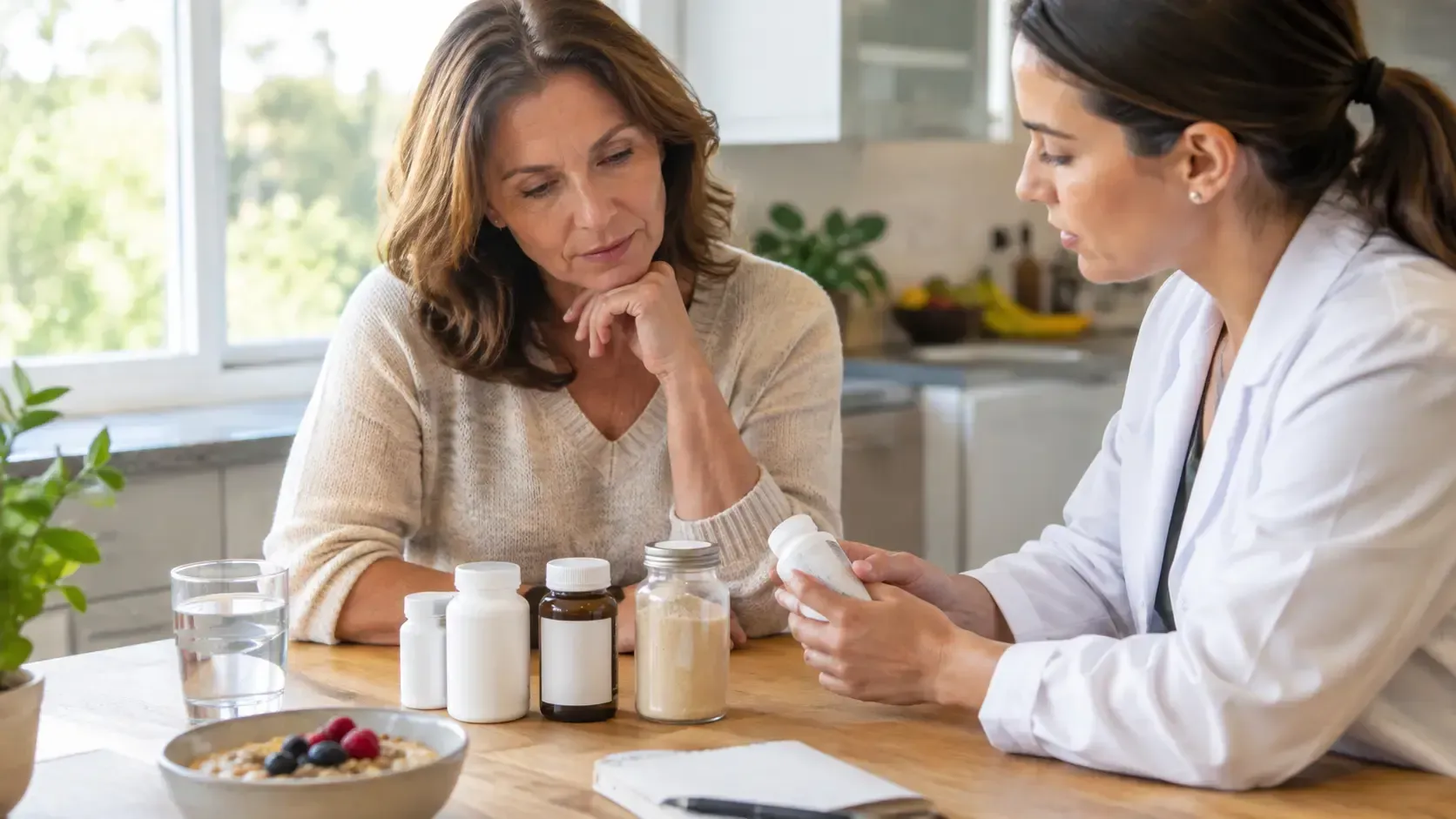 Patient and provider reviewing gut health supplements at a table.