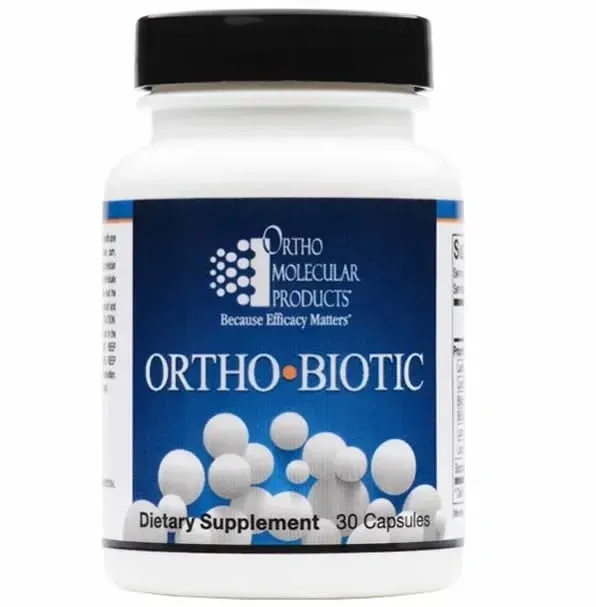 Bottle of Ortho Molecular Products Ortho-Biotic dietary supplement with blue label and black cap