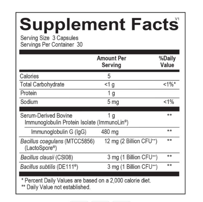 Ortho Spore IG dietary supplement bottle with black cap and blue label on white background