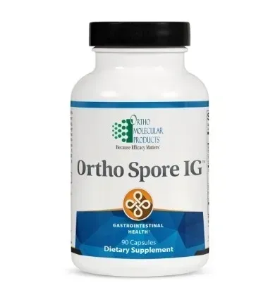 Ortho Spore IG dietary supplement bottle with black cap and blue label on white background