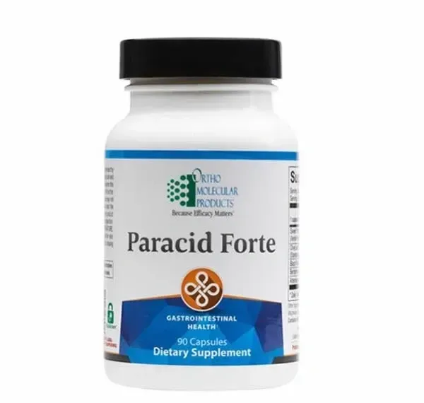 White bottle of ParaCid Forte dietary supplement with black cap and blue label on white background