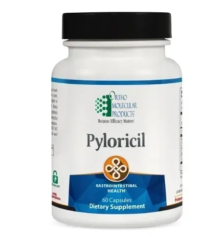 Pylorcil dietary supplement bottle with white label, blue accents, and black cap