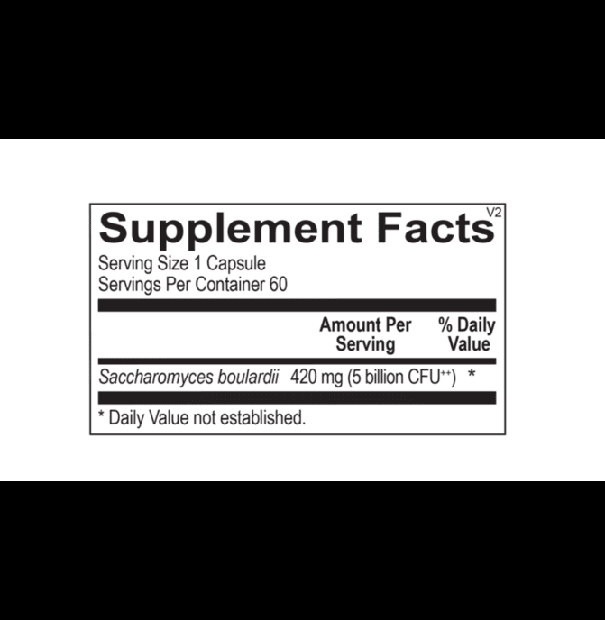 White bottle of Saccharomyces boulardii probiotic capsules with black cap on white background