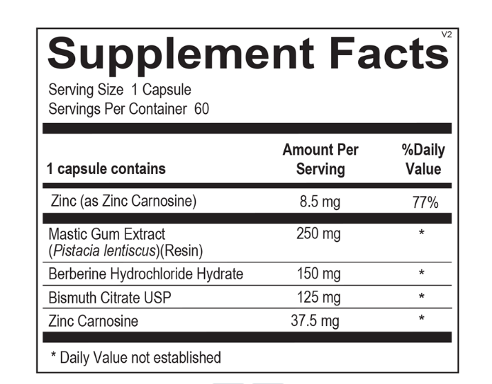Pylorcil dietary supplement bottle with white label, blue accents, and black cap