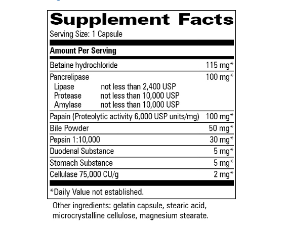 White bottle of Progressive Labs Digestin enzyme supplement, 250 capsules, with blue label