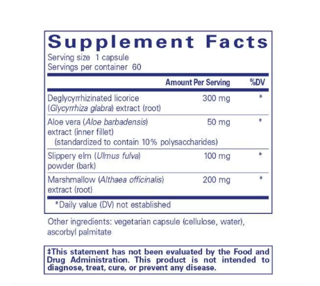 Pure Encapsulations DGL Plus dietary supplement bottle, white with blue label, 60 capsules
