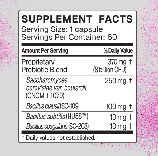 White RestorFlora supplement bottle with blue-purple label, 50 capsules