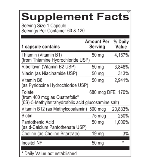 White supplement bottle with black cap labeled “Methyl B Complex” on a blue-and-white design.