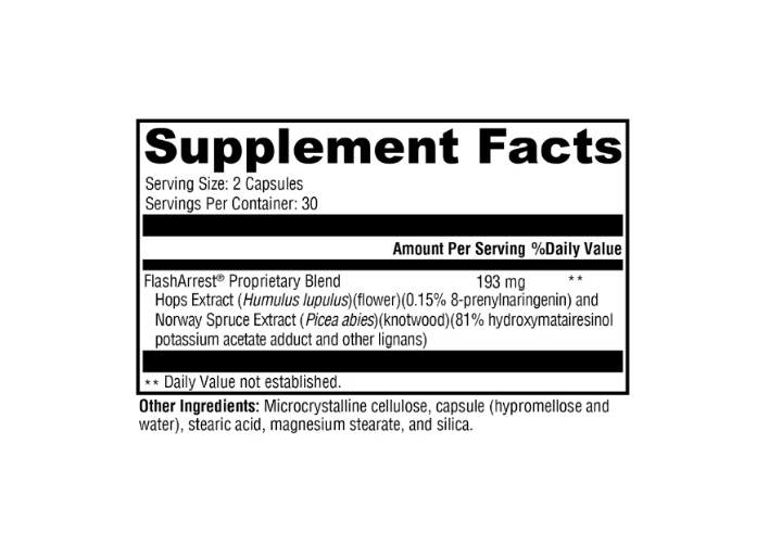 White bottle of Xymogen FlashArrest supplement with blue label on a white background