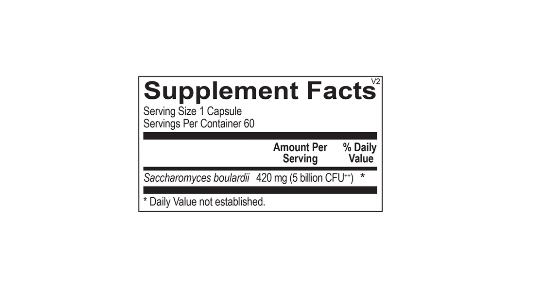 White bottle of Saccharomyces boulardii probiotic capsules with black cap on white background