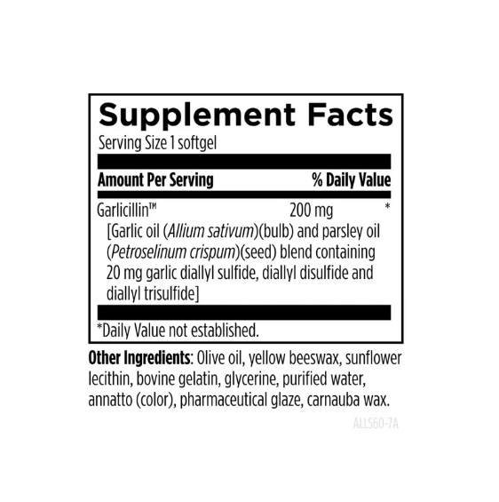 Brown bottle of Alicillin garlic supplement with black cap and white label on a light background
