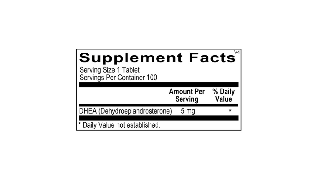 White bottle of micronized DHEA tablets dietary supplement with black cap and blue label