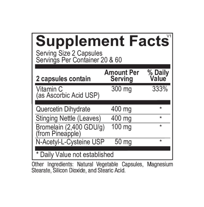 Bottle of Natural D-Hist dietary supplement with black cap and green-blue label.