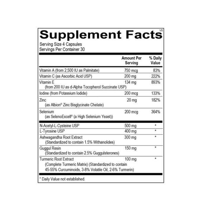 White bottle of Thyrotain dietary supplement with black cap and blue-gray label
