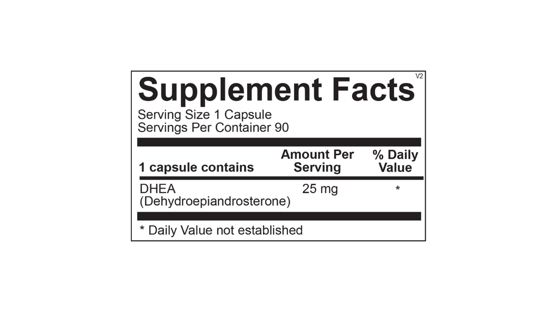 White bottle of DHEA 25mg micronized dietary supplement with black cap and blue label