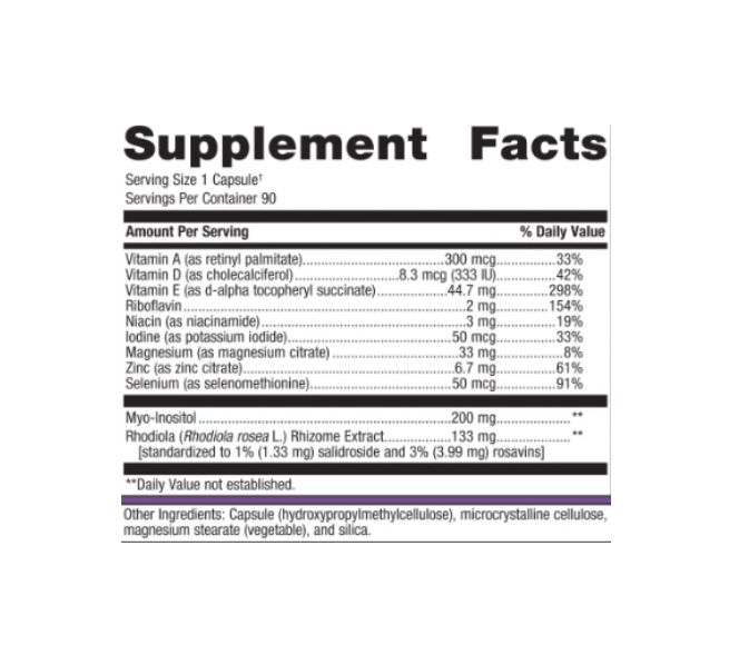Brown supplement bottle labeled Metagenics Thyrosol, 90 capsules, with white cap