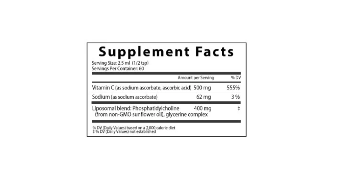 White bottle of DEsBio Vitamin C Liposomal nutritional supplement with gray and yellow label
