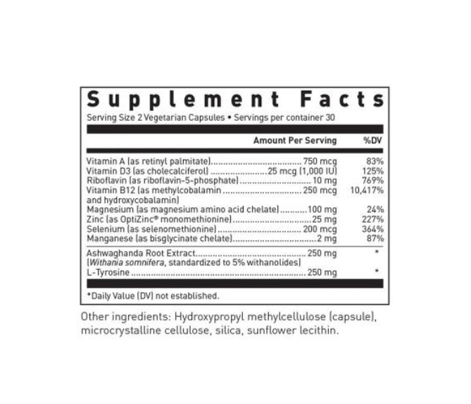 Thyro-Essentials dietary supplement bottle by Douglas Laboratories, white with blue stripe