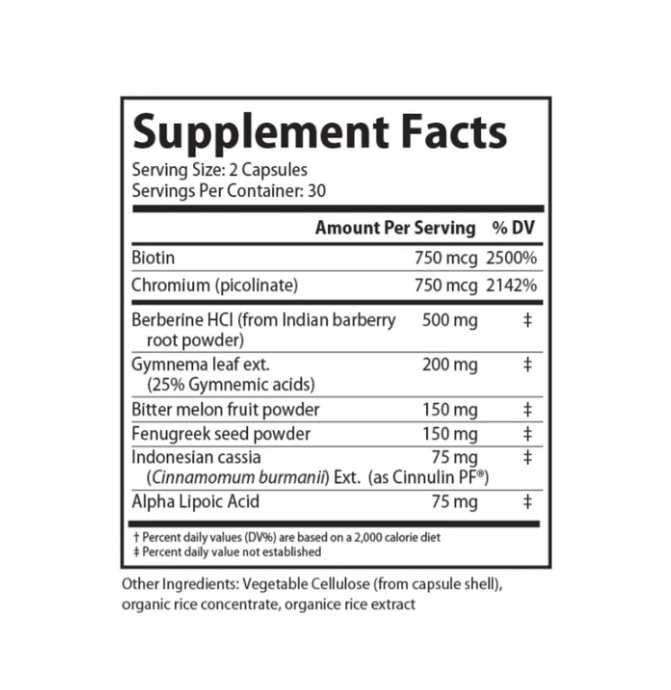 Blue bottle of Desbio Glucostasls dietary supplement capsules with white cap