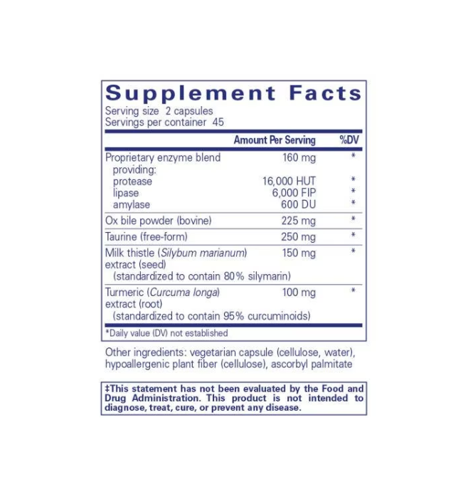 White bottle of Pure Encapsulations Digestion GB dietary supplement with blue label.