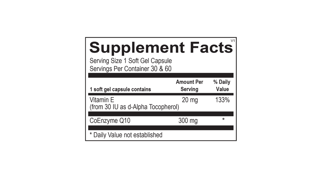 White supplement bottle with black cap labeled CoQ-10 300 mg, 60 softgels, dietary supplement